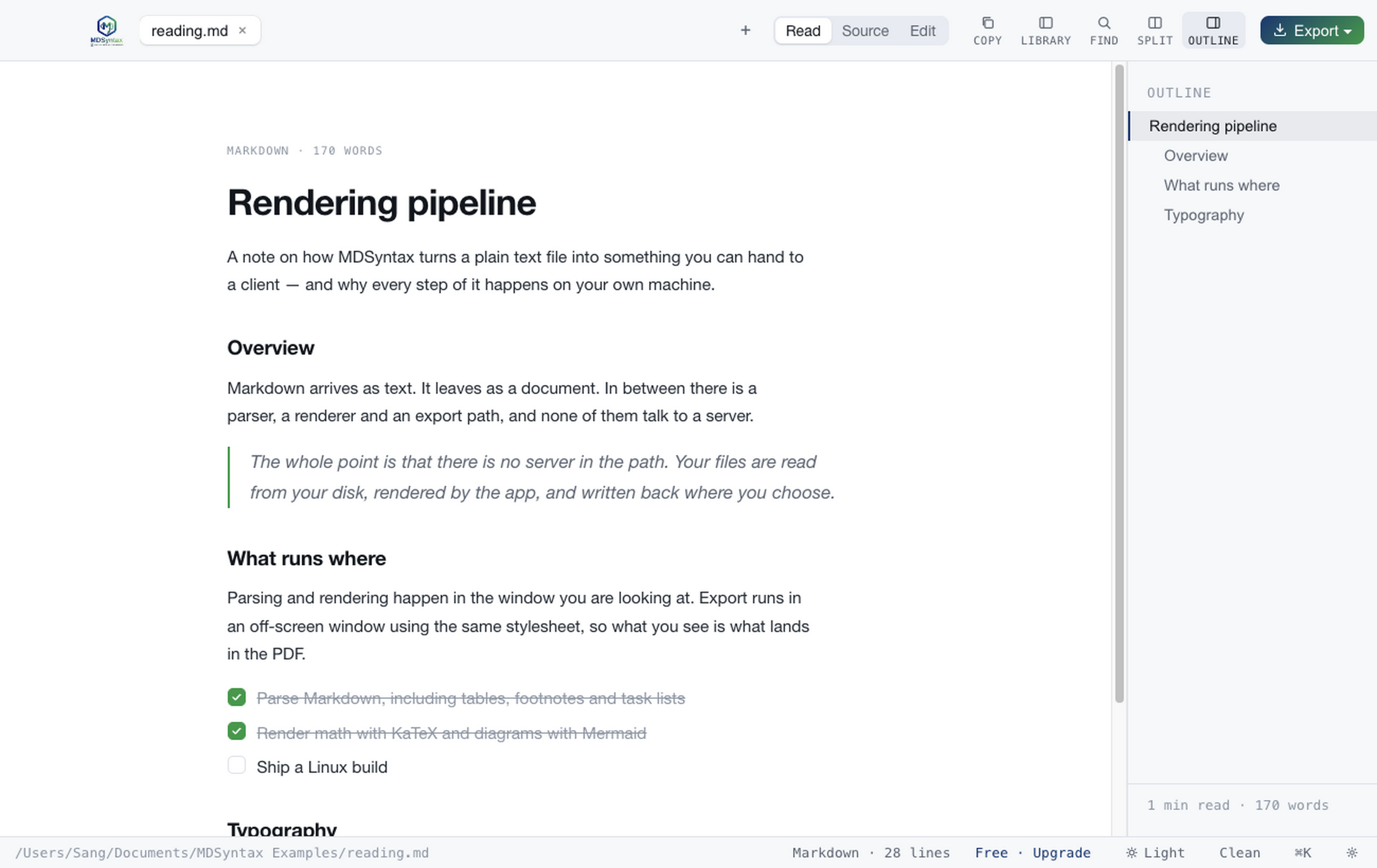 MDSyntax showing a rendered Markdown document with a live outline sidebar