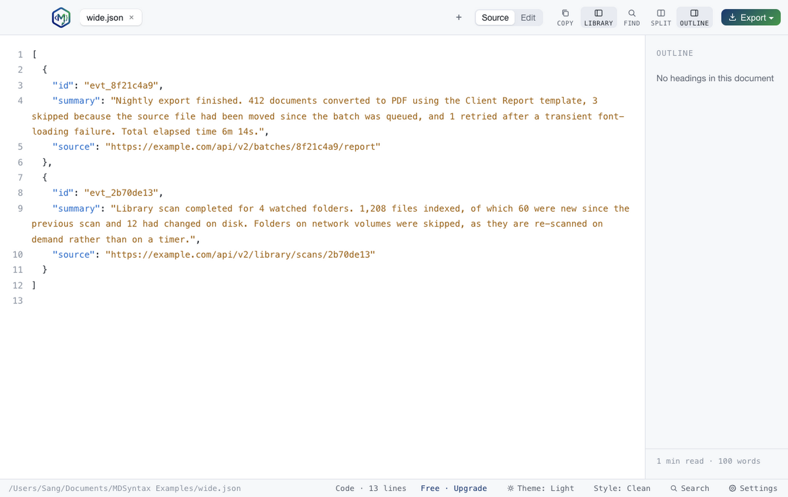 A JSON file with long lines wrapped, line numbers staying aligned
