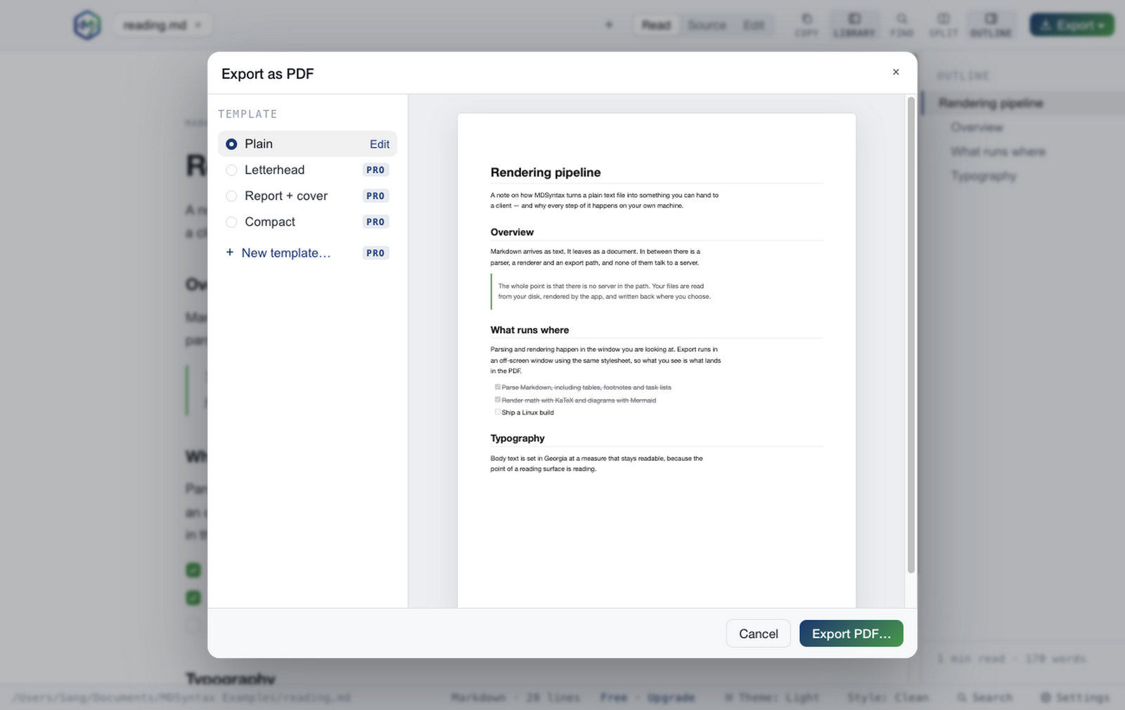 The Export as PDF dialog showing the formatted document beside the template list