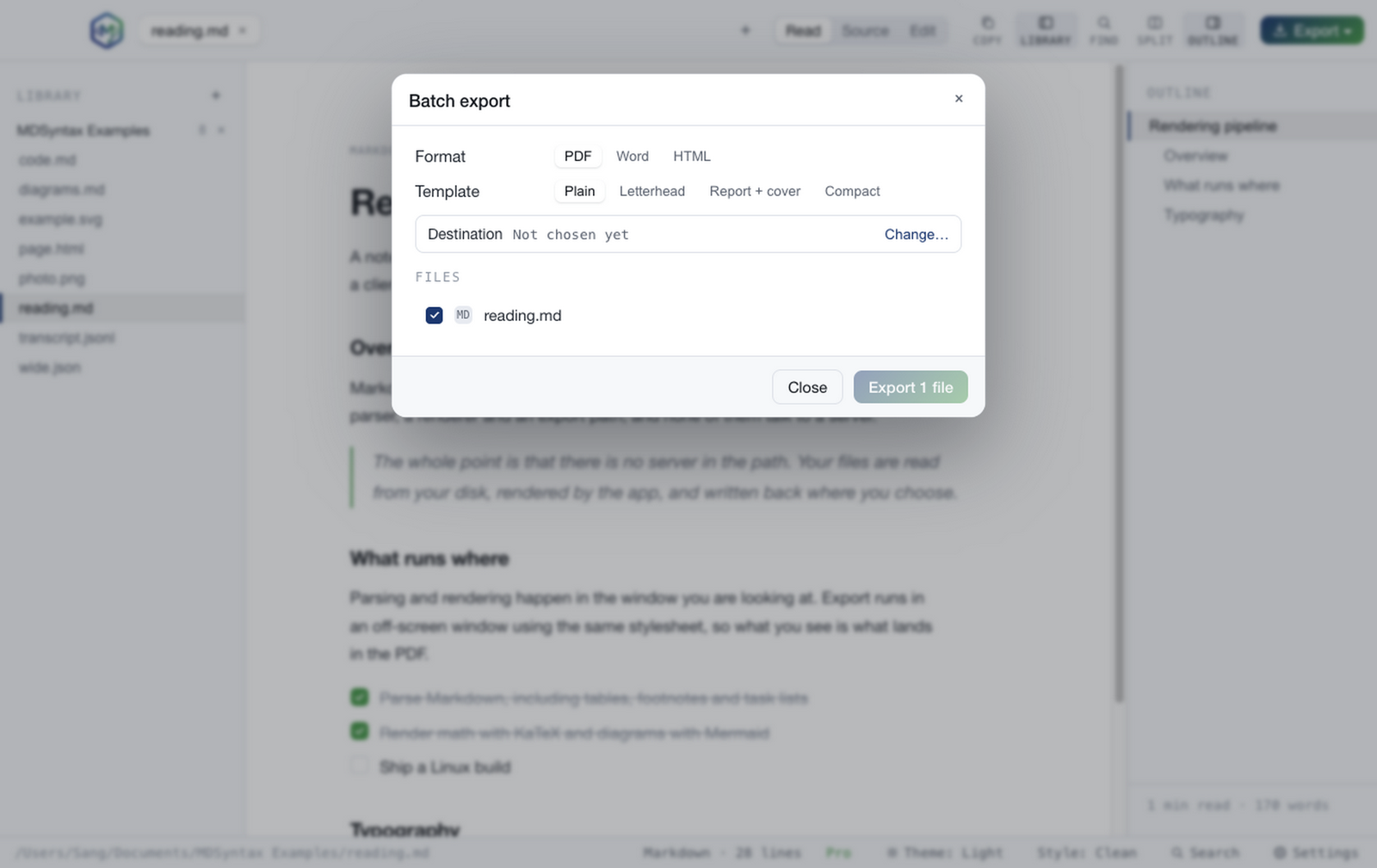 The batch export dialog showing per-file progress