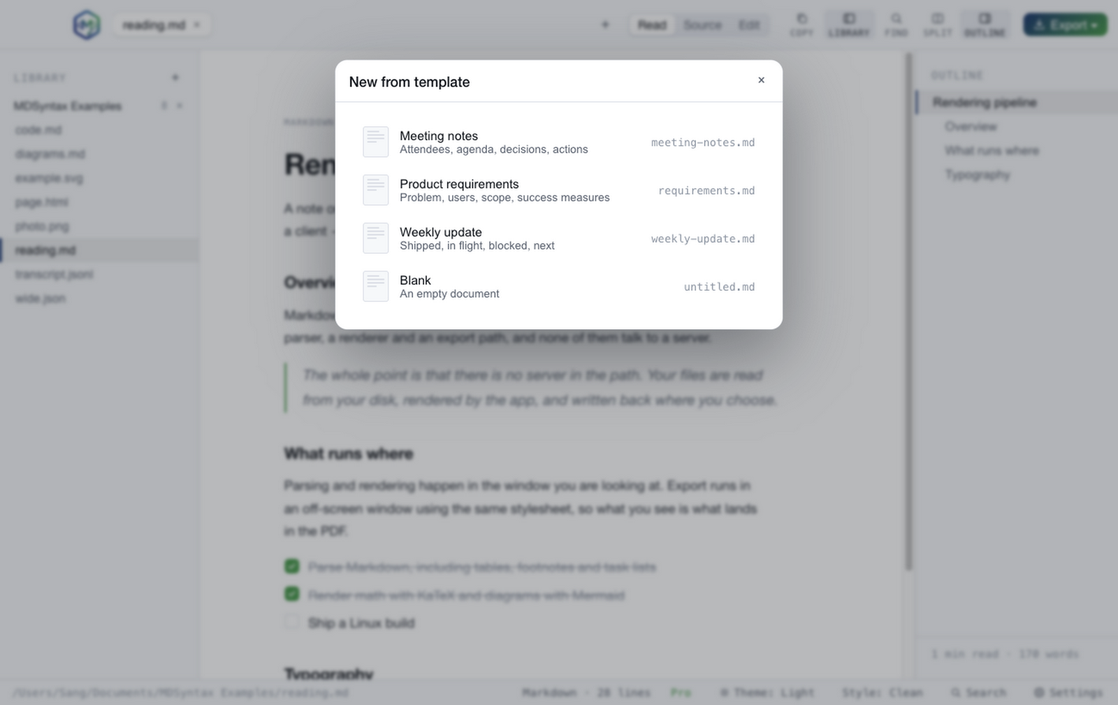 The template picker with letterhead, report and compact options