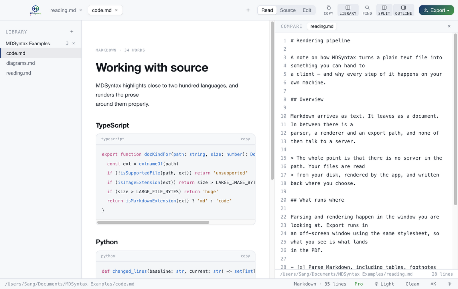 Two documents open side by side in split view
